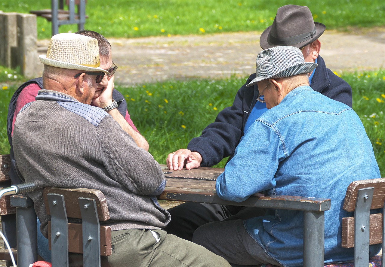 pensioners, men, domino game